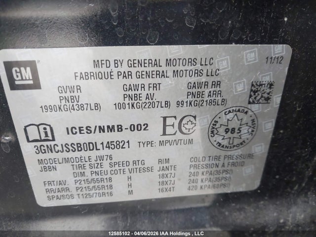 Aukcja sprzedaży 2013 Chevrolet Trax Ltz, vin: 3GNCJSSB0DL145821, numer aukcji: 12585102