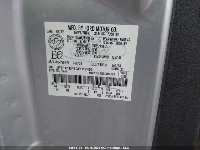 Продажа на аукционе авто 2012 Ford F150 Super Cab, vin: 1FTFX1EF3CFB17453, номер лота: 12585103