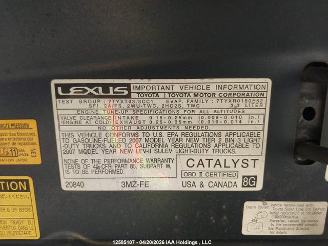 Aukcja sprzedaży 2007 Lexus Rx 400h, vin: JTJHW31U372016189, numer aukcji: 12585107