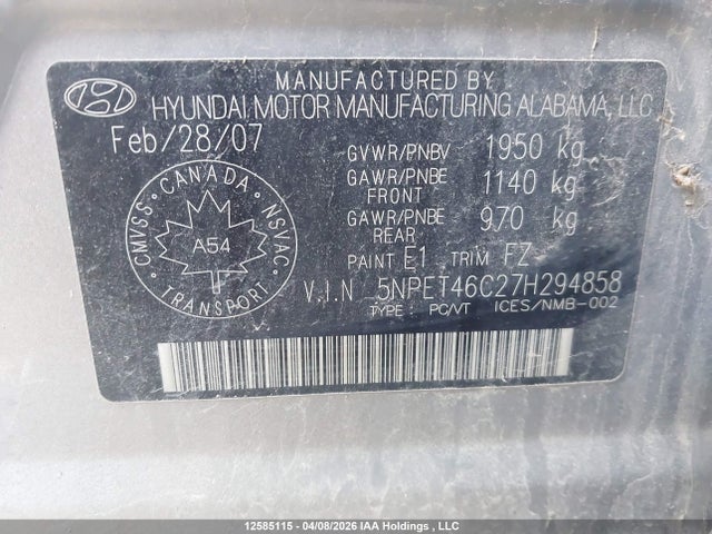 Продаж на аукціоні авто 2007 Hyundai Sonata Gls, vin: 5NPET46C27H294858, номер лоту: 12585115