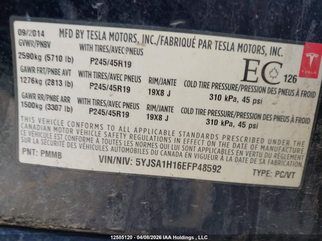 Продаж на аукціоні авто 2014 Tesla Model S, vin: 5YJSA1H16EFP48592, номер лоту: 12585120