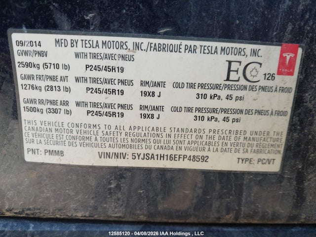 Продаж на аукціоні авто 2014 Tesla Model S, vin: 5YJSA1H16EFP48592, номер лоту: 12585120