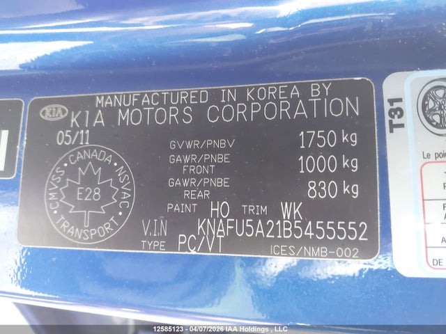 12585123 :رقم المزاد ، KNAFU5A21B5455552 vin ، 2011 Kia Forte Ex مزاد بيع
