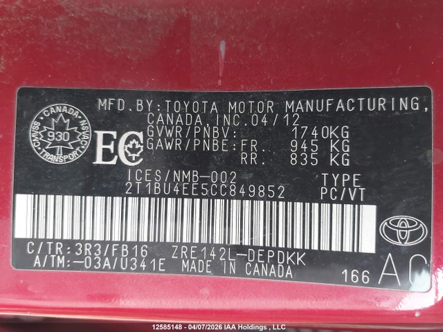 2012 Toyota Corolla მანქანა იყიდება აუქციონზე, vin: 2T1BU4EE5CC849852, აუქციონის ნომერი: 12585148
