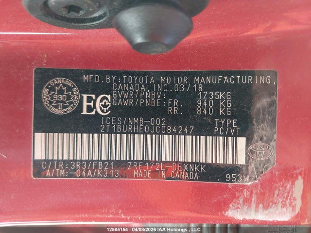 12585154 :رقم المزاد ، 2T1BURHE0JC084247 vin ، 2018 Toyota Corolla مزاد بيع