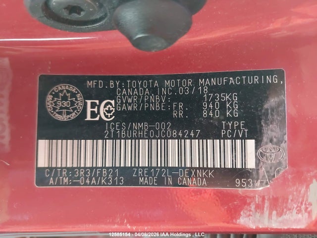 12585154 :رقم المزاد ، 2T1BURHE0JC084247 vin ، 2018 Toyota Corolla مزاد بيع