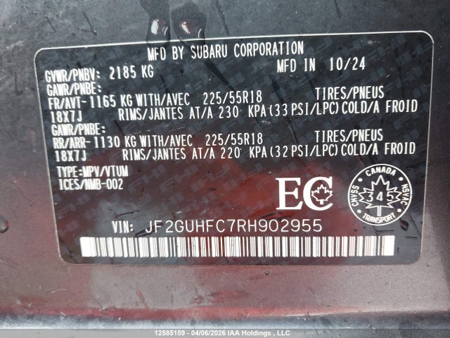 Aukcja sprzedaży 2024 Subaru Crosstrek Sport, vin: JF2GUHFC7RH902955, numer aukcji: 12585159