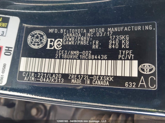 2T1BURHE1HC884436 Toyota Corolla