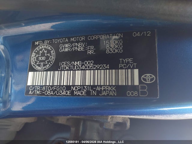 2012 Toyota Yaris მანქანა იყიდება აუქციონზე, vin: JTDKTUD34CD529234, აუქციონის ნომერი: 12585181