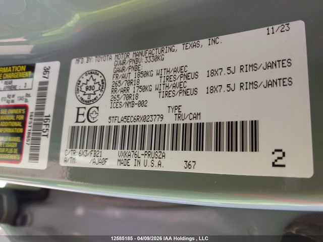 12585185 :رقم المزاد ، 5TFLA5EC6RX023779 vin ، 2024 Toyota Tundra Crewmax Sr5 مزاد بيع