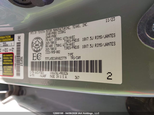 12585185 :رقم المزاد ، 5TFLA5EC6RX023779 vin ، 2024 Toyota Tundra Crewmax Sr5 مزاد بيع