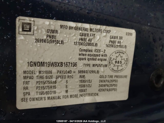 Продажа на аукционе авто 1999 Chevrolet Astro, vin: 1GNDM19W8XB167196, номер лота: 12585187