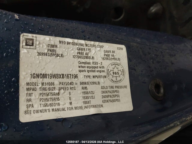 Продажа на аукционе авто 1999 Chevrolet Astro, vin: 1GNDM19W8XB167196, номер лота: 12585187