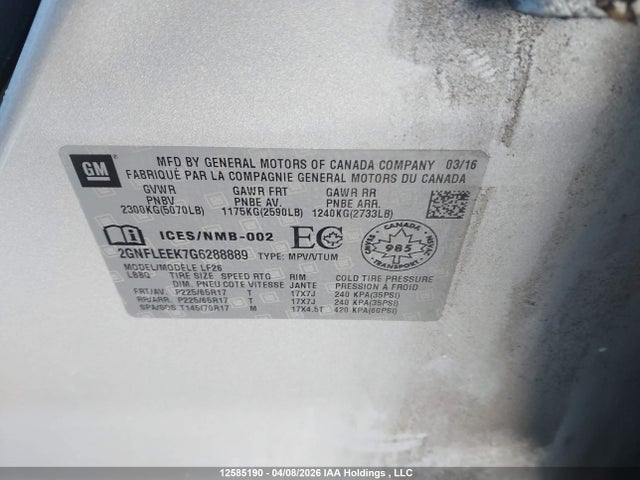 2016 Chevrolet Equinox მანქანა იყიდება აუქციონზე, vin: 2GNFLEEK7G6288889, აუქციონის ნომერი: 12585190