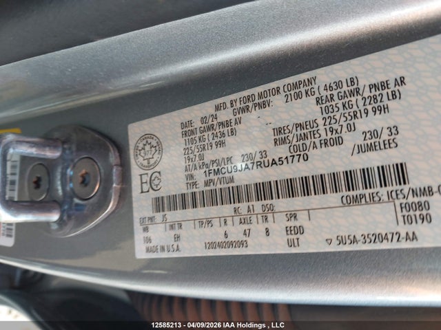 12585213 :رقم المزاد ، 1FMCU9JA7RUA51770 vin ، 2024 Ford Escape Platinum مزاد بيع