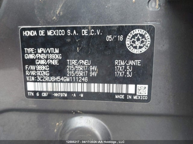Продаж на аукціоні авто 2016 Honda Hr-v Ex, vin: 3CZRU6H54GM111246, номер лоту: 12585217