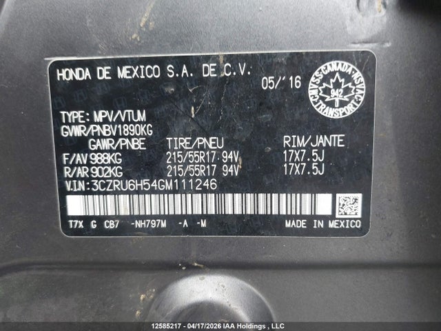 Продаж на аукціоні авто 2016 Honda Hr-v Ex, vin: 3CZRU6H54GM111246, номер лоту: 12585217