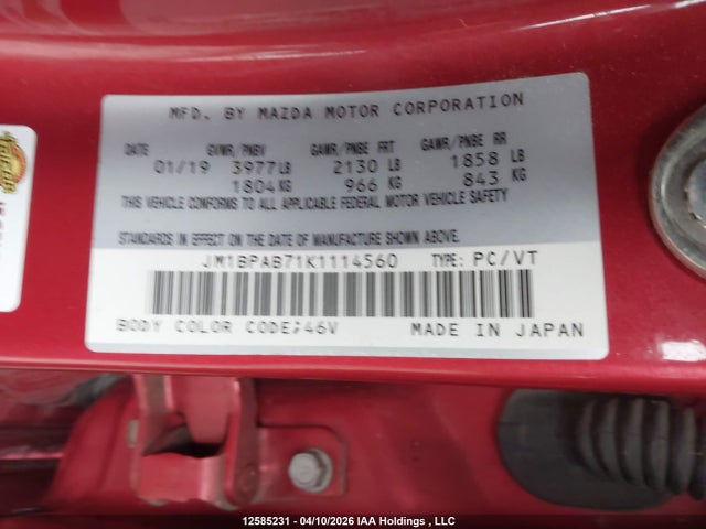 Aukcja sprzedaży 2019 Mazda Mazda3, vin: JM1BPAB71K1114560, numer aukcji: 12585231