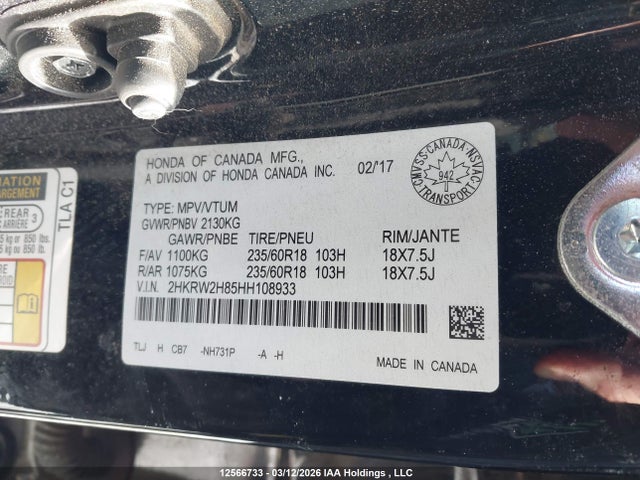 2HKRW2H85HH108933 Honda Cr-v Ex-l