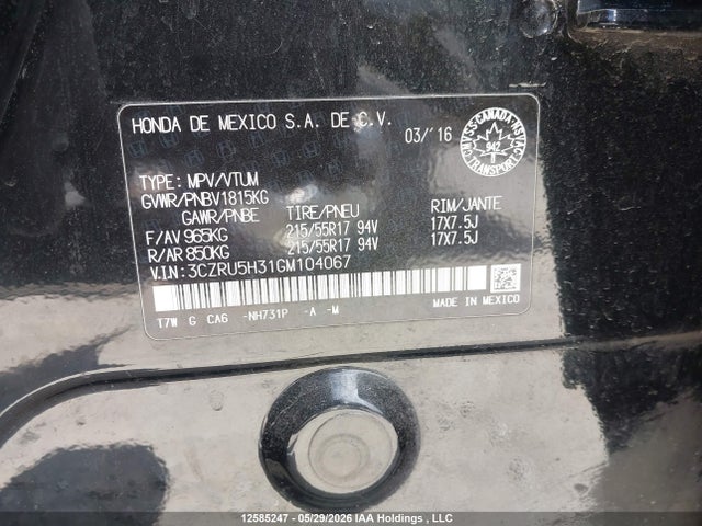 Продаж на аукціоні авто 2016 Honda Hr-v, vin: 3CZRU5H31GM104067, номер лоту: 12585247