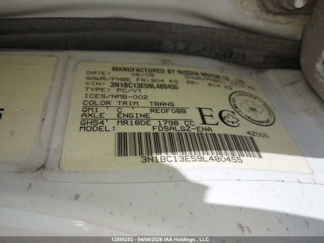 Продажа на аукционе авто 2009 Nissan Versa S/sl, vin: 3N1BC13E59L480455, номер лота: 12585253