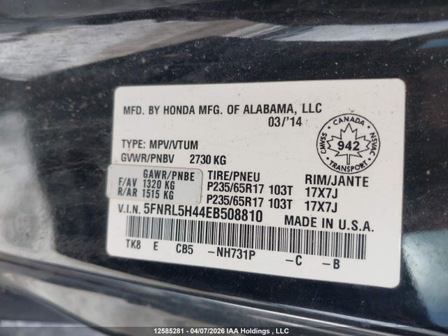Aukcja sprzedaży 2014 Honda Odyssey, vin: 5FNRL5H44EB508810, numer aukcji: 12585281