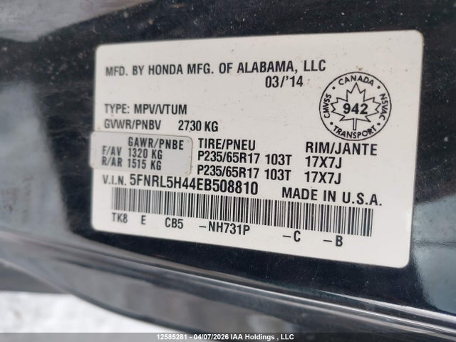 Aukcja sprzedaży 2014 Honda Odyssey, vin: 5FNRL5H44EB508810, numer aukcji: 12585281