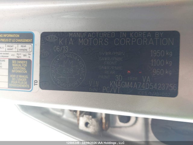 12585346 :رقم المزاد ، KNAGM4A74D5423756 vin ، 2013 Kia Optima Lx/lx+ مزاد بيع