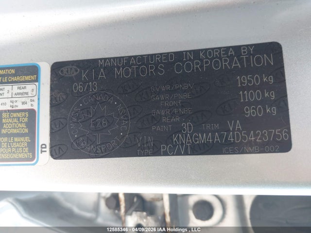 12585346 :رقم المزاد ، KNAGM4A74D5423756 vin ، 2013 Kia Optima Lx/lx+ مزاد بيع