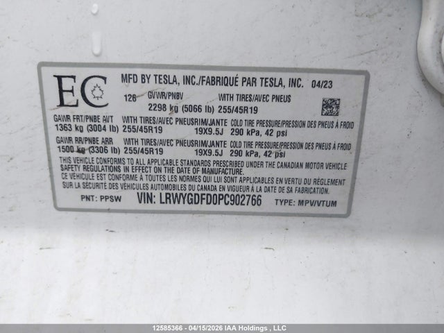 Продаж на аукціоні авто 2023 Tesla Model Y Rwd, vin: LRWYGDFD0PC902766, номер лоту: 12585366