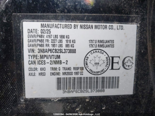 3N8AP6CB2SL373888 Nissan KICKS SV