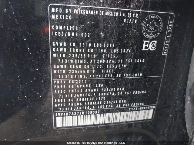 Auction sale of the 2018 Volkswagen Tiguan, vin: 3VV4B7AX7JM109037, lot number: 12585415