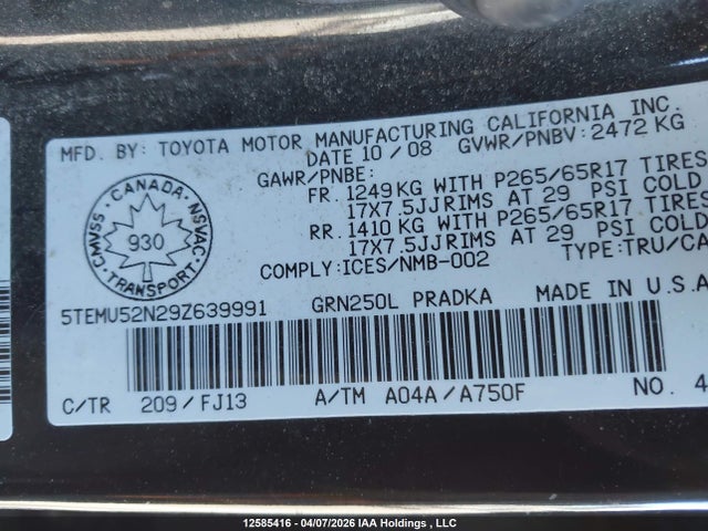 2009 Toyota Tacoma V6 მანქანა იყიდება აუქციონზე, vin: 5TEMU52N29Z639991, აუქციონის ნომერი: 12585416