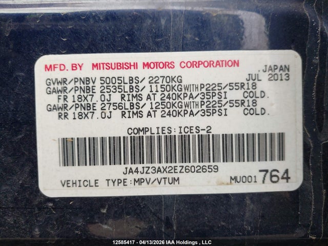 JA4JZ3AX2EZ602659 Mitsubishi Outlander Se