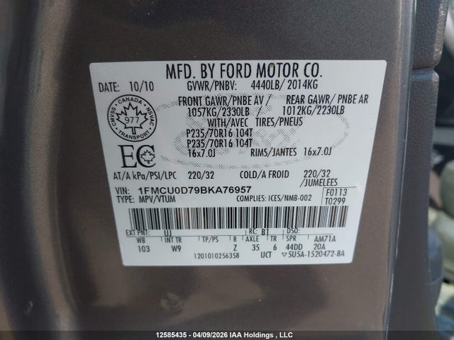 2011 Ford Escape Xlt მანქანა იყიდება აუქციონზე, vin: 1FMCU0D79BKA76957, აუქციონის ნომერი: 12585435