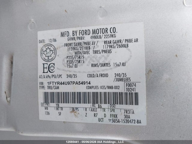 Продаж на аукціоні авто 2007 Ford Ranger, vin: 1FTYR44U97PA54914, номер лоту: 12585441