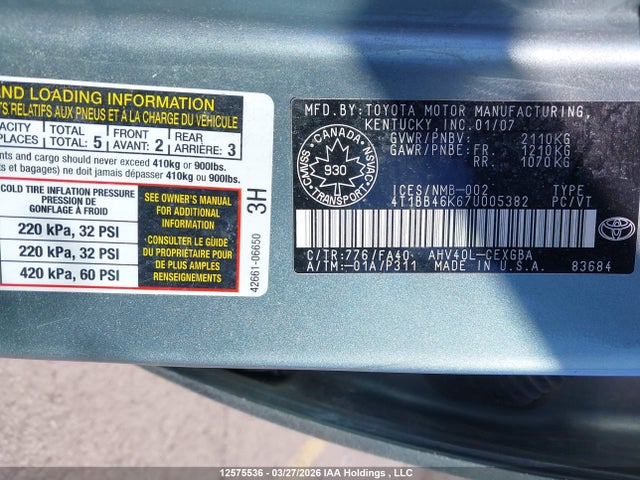 12575536 :رقم المزاد ، 4T1BB46K67U005382 vin ، 2007 Toyota Camry Hybrid مزاد بيع