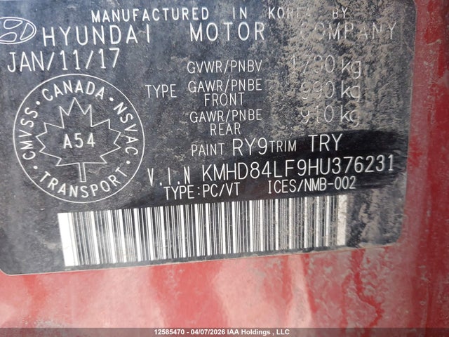 12585470 :رقم المزاد ، KMHD84LF9HU376231 vin ، 2017 Hyundai Elantra Se/value/limited مزاد بيع