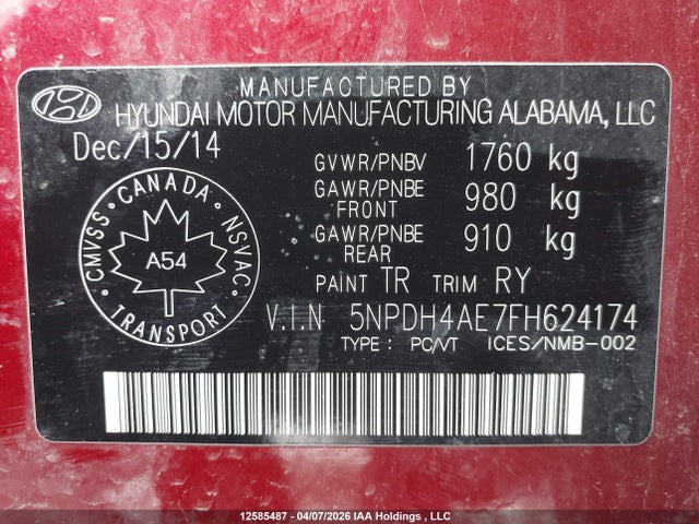 Продаж на аукціоні авто 2015 Hyundai Elantra Se/sport/limited, vin: 5NPDH4AE7FH624174, номер лоту: 12585487