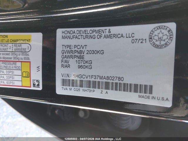 1HGCV1F37MA802780 Honda Accord Sport