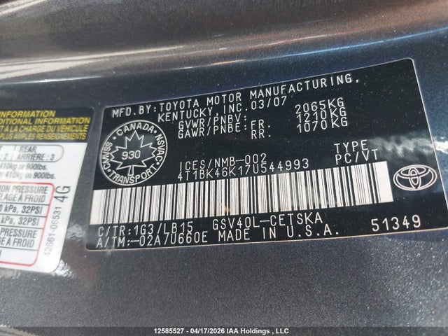 2007 Toyota Camry Le V6/se V6/xle V6 მანქანა იყიდება აუქციონზე, vin: 4T1BK46K17U544993, აუქციონის ნომერი: 12585527