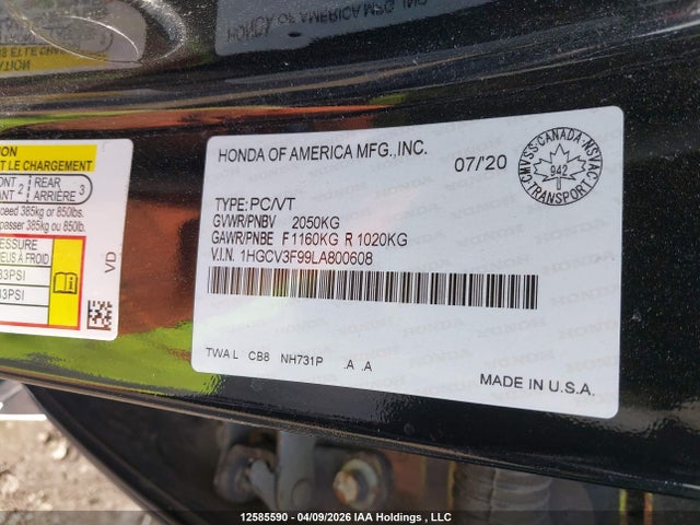 Aukcja sprzedaży 2020 Honda Accord Hybrid Touring, vin: 1HGCV3F99LA800608, numer aukcji: 12585590