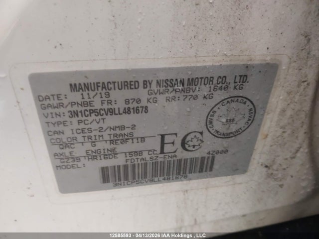 2020 Nissan Kicks Sv მანქანა იყიდება აუქციონზე, vin: 3N1CP5CV9LL481678, აუქციონის ნომერი: 12585593