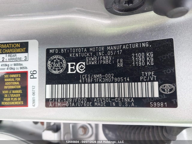 12585604 :رقم المزاد ، 4T1BF1FK3HU790514 vin ، 2017 Toyota Camry Le مزاد بيع