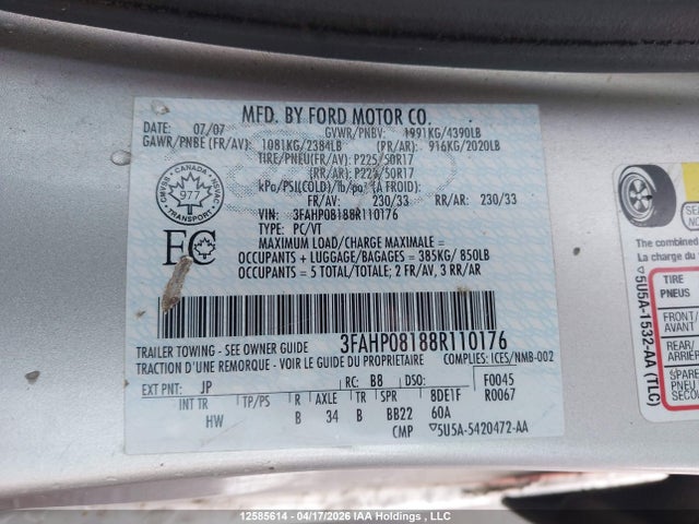 Продажа на аукционе авто 2008 Ford Fusion Sel, vin: 3FAHP08188R110176, номер лота: 12585614
