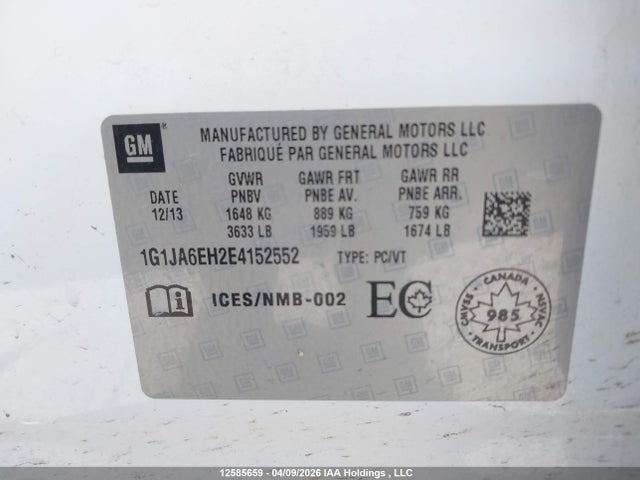 2014 Chevrolet Sonic მანქანა იყიდება აუქციონზე, vin: 1G1JA6EH2E4152552, აუქციონის ნომერი: 12585659