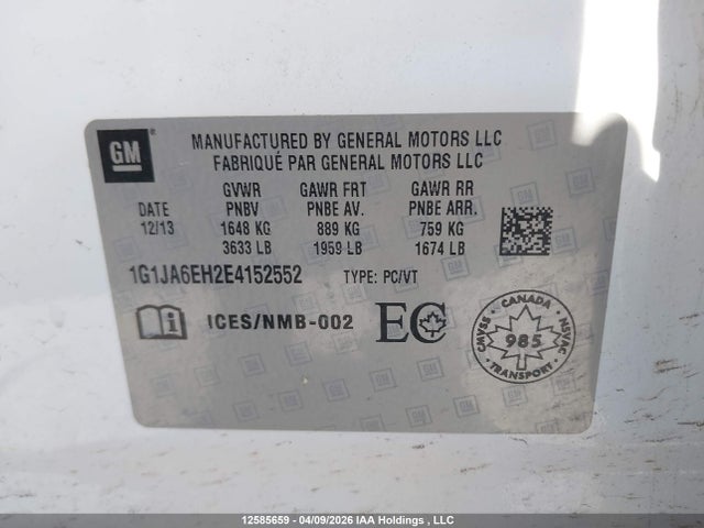 2014 Chevrolet Sonic მანქანა იყიდება აუქციონზე, vin: 1G1JA6EH2E4152552, აუქციონის ნომერი: 12585659