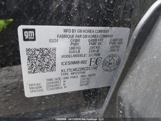 2024 Chevrolet Trax Lt მანქანა იყიდება აუქციონზე, vin: KL77LHE23RC217162, აუქციონის ნომერი: 12585666