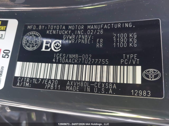 12585673 :رقم المزاد ، 4T1DAACK7TU277755 vin ، 2026 Toyota Camry Hybrid Se Fwd مزاد بيع