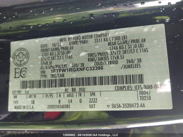 1FTFW1RGXNFC32396 Ford F150 Raptor